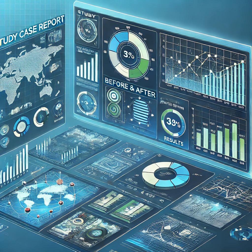 Representação visual de um estudo de caso com gráficos e comparações antes e depois, simbolizando melhorias e resultados mensuráveis.