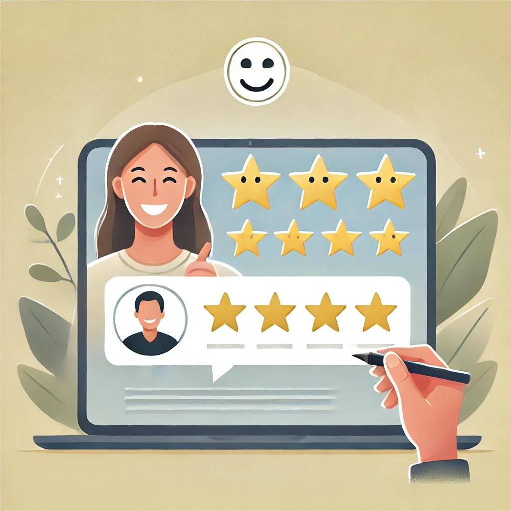 Ilustração de um cliente deixando uma avaliação positiva com cinco estrelas e um ícone de sorriso, representando prova social e satisfação do cliente.