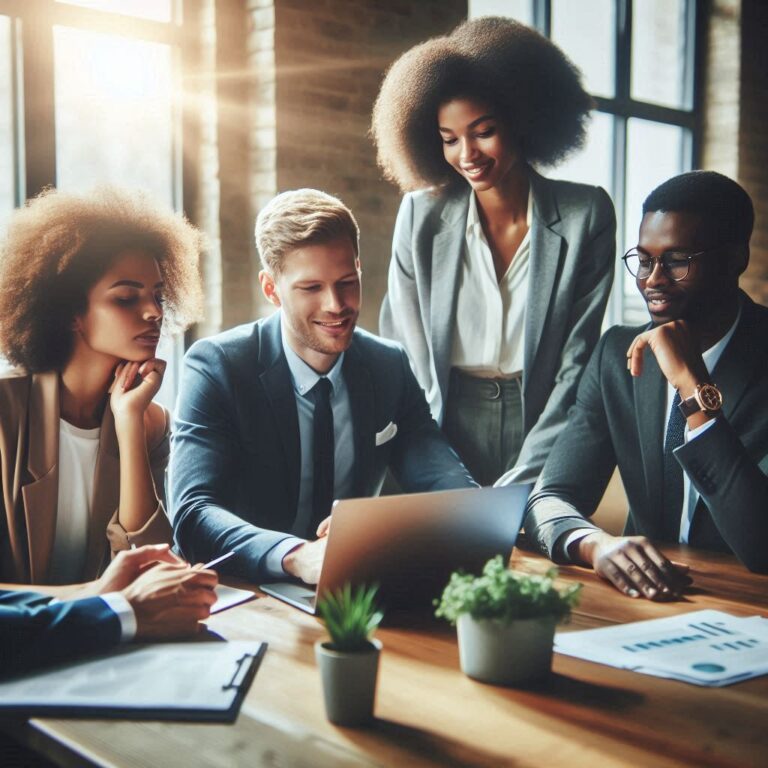 Pessoas em uma reunião de negócios em um escritório moderno, discutindo estratégias de marketing em um ambiente produtivo.